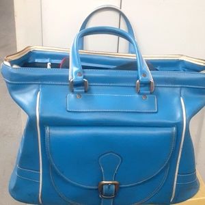 Vintage 70s Retro Vinyl Large Duffle Bag Aqua Blue 18x13x9"  PanAm Airline Vibe